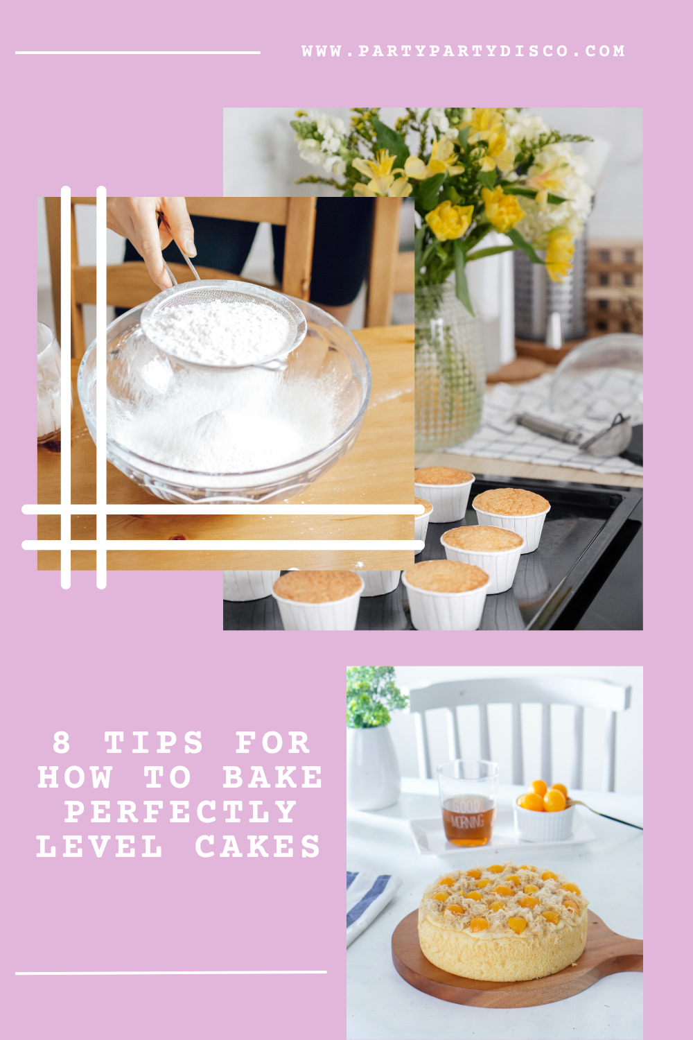 flour being sifted into glass bowl, baked cupcakes on a baking tray and sponge cake being served at a wooden table.